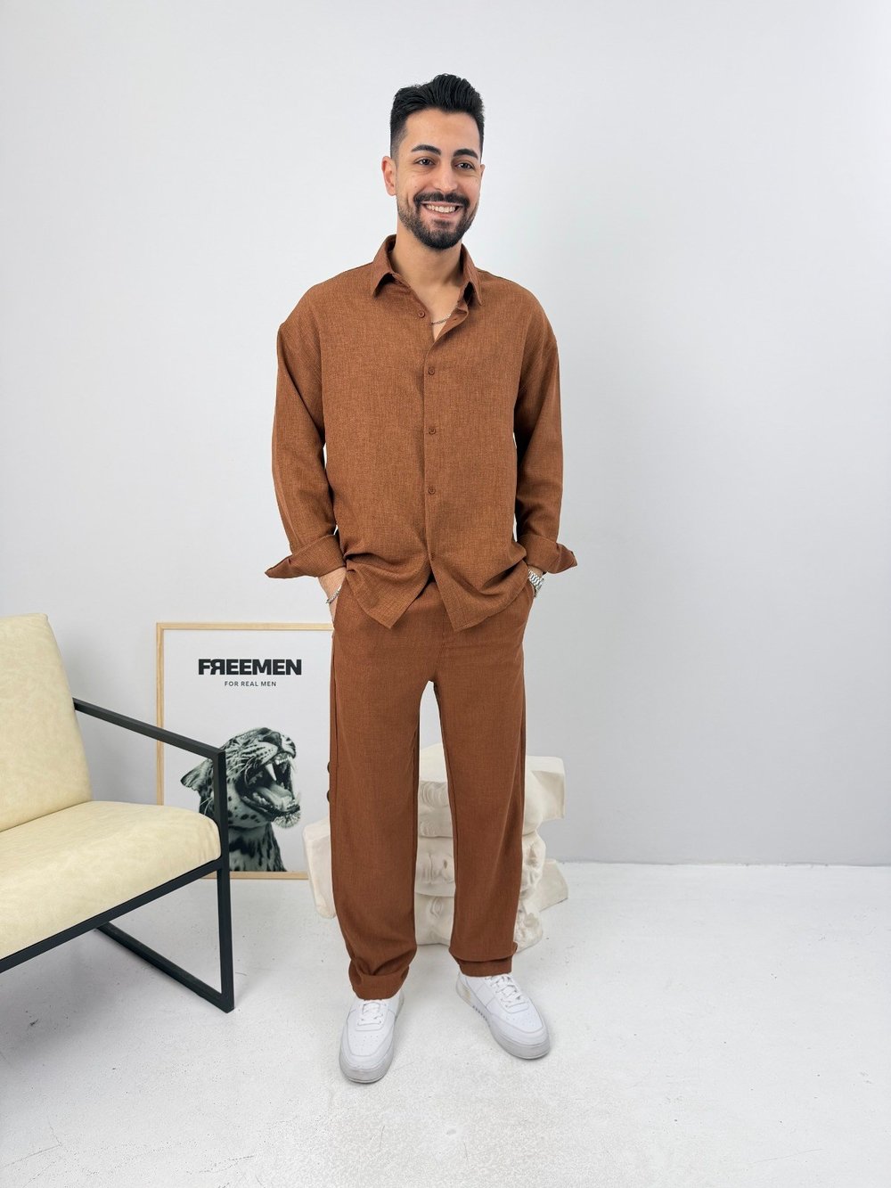 Oversize Sofia Keten Takım Kahve