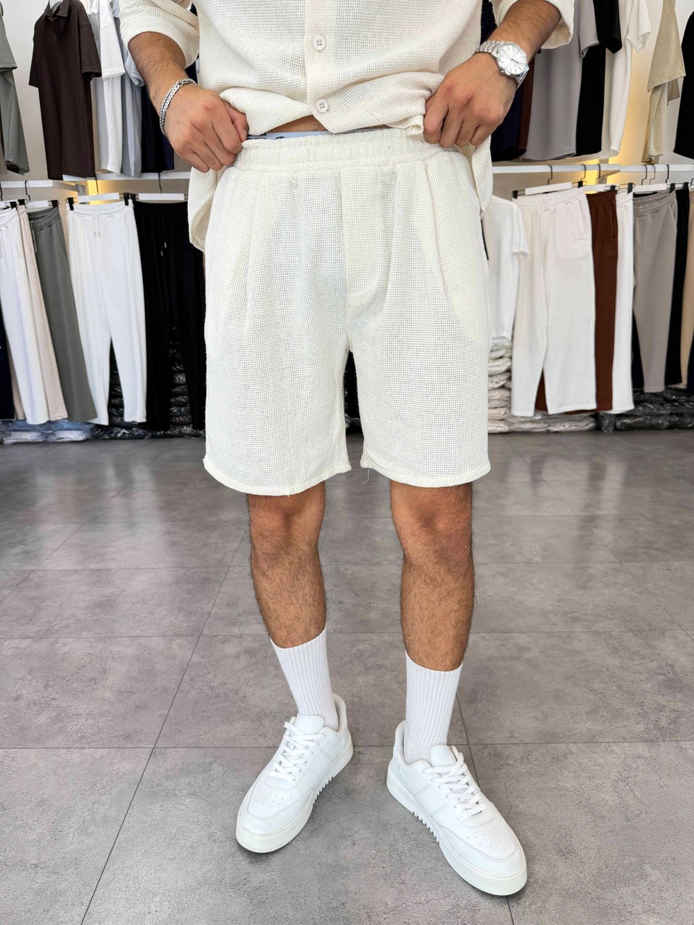 Oversize Şortlu Keten Takım Bej