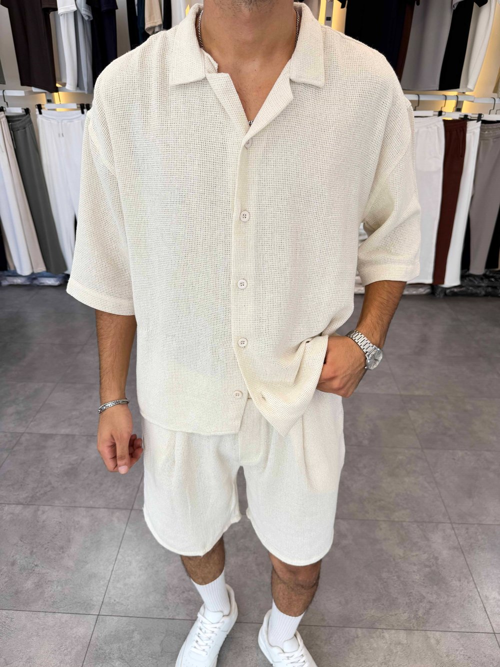 Oversize Şortlu Keten Takım Bej