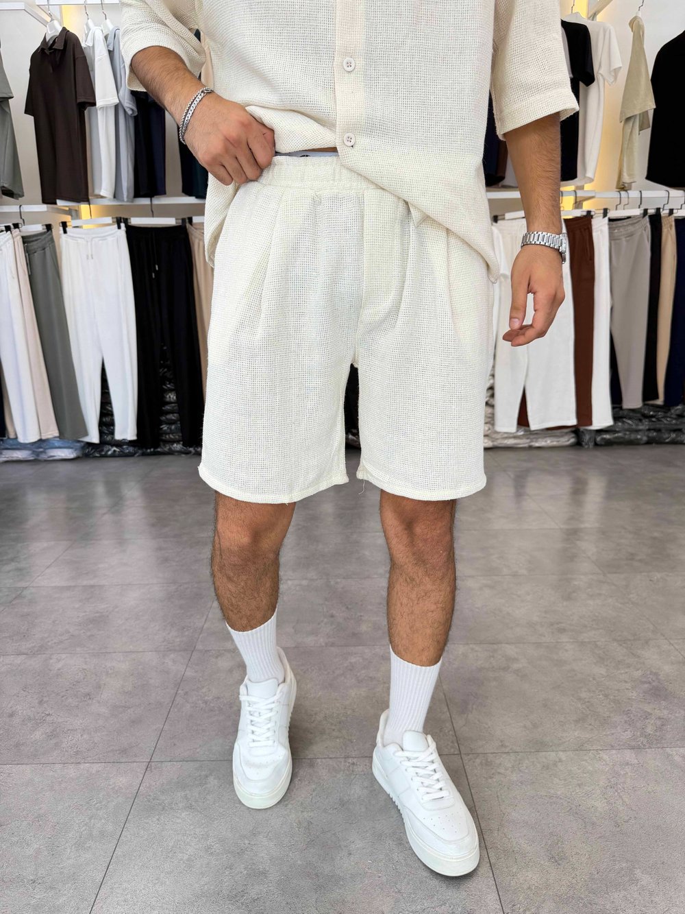 Oversize Şortlu Keten Takım Bej
