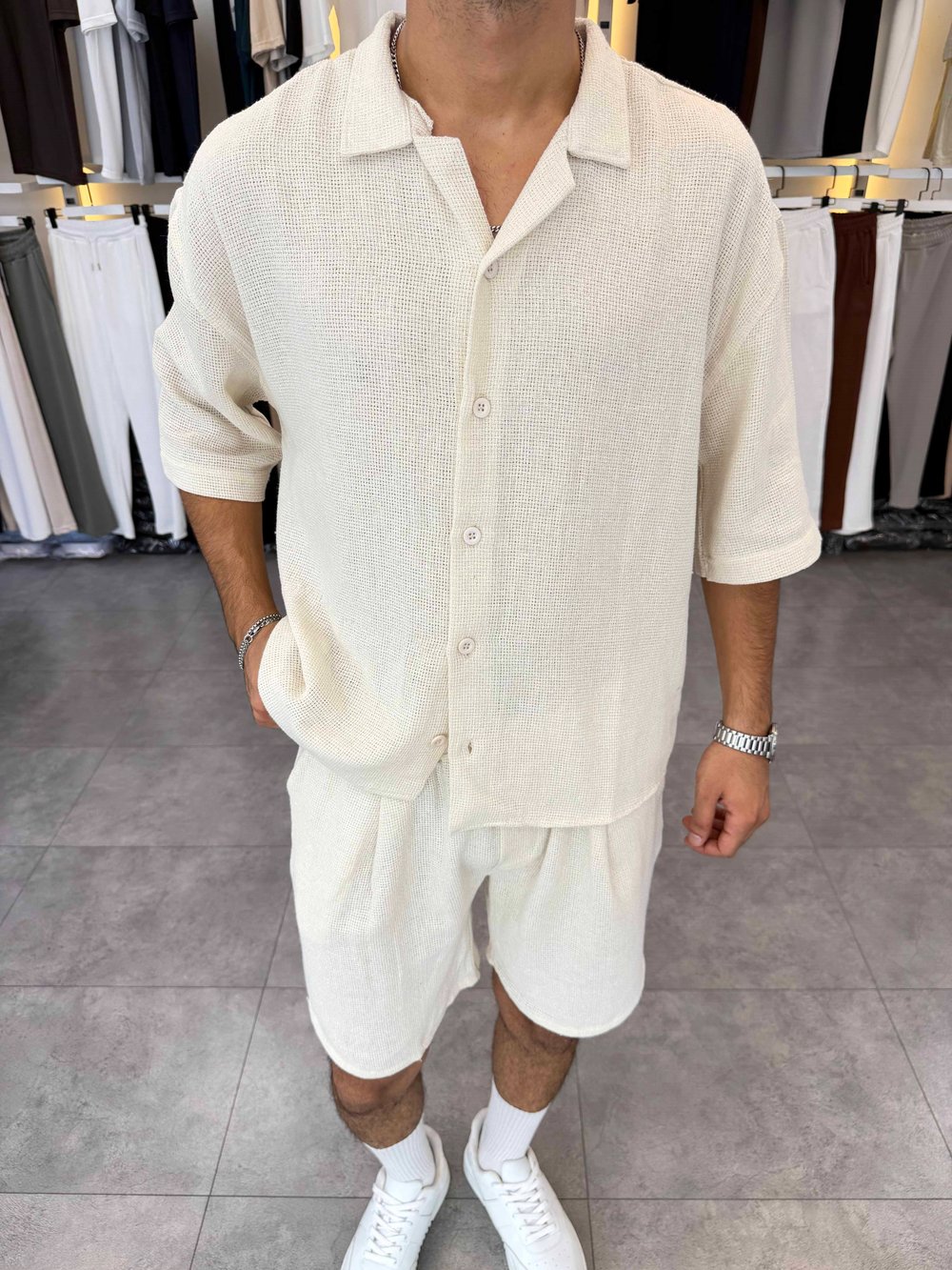 Oversize Şortlu Keten Takım Bej