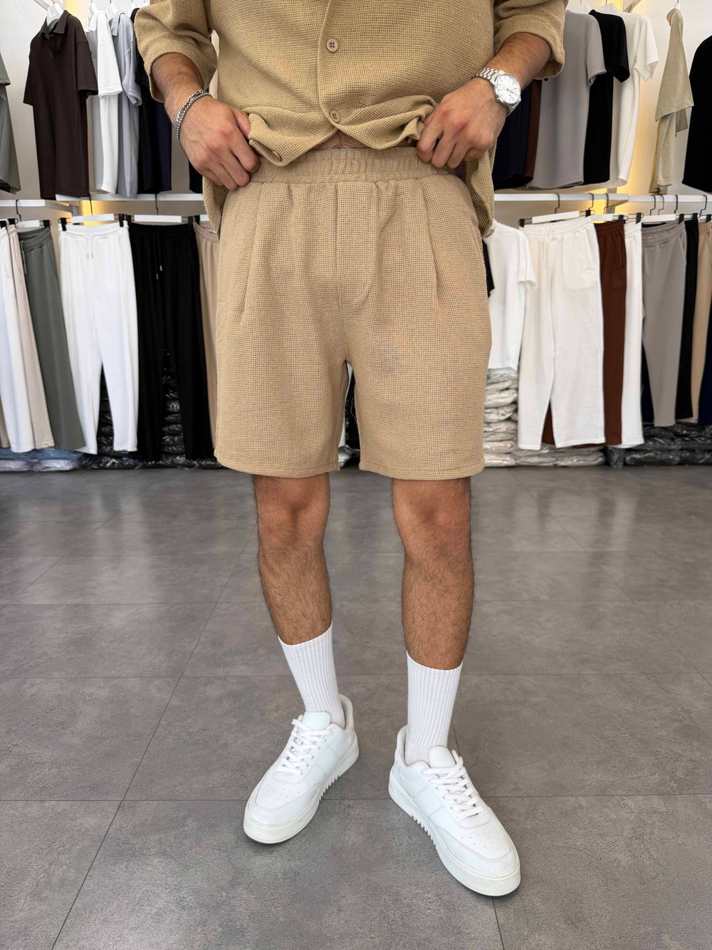Oversize Şortlu Keten Takım Camel