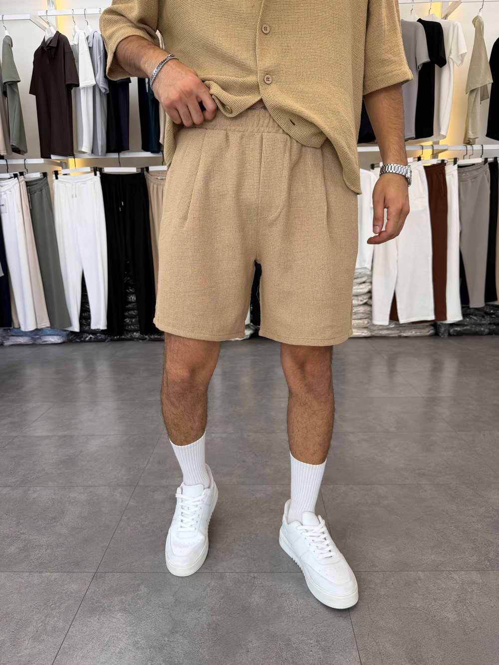 Oversize Şortlu Keten Takım Camel