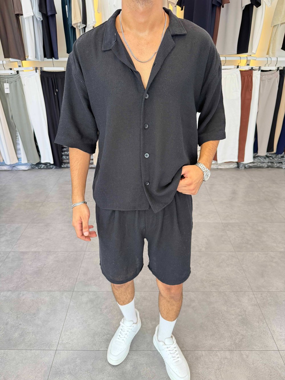 Oversize Şortlu Keten Takım Siyah