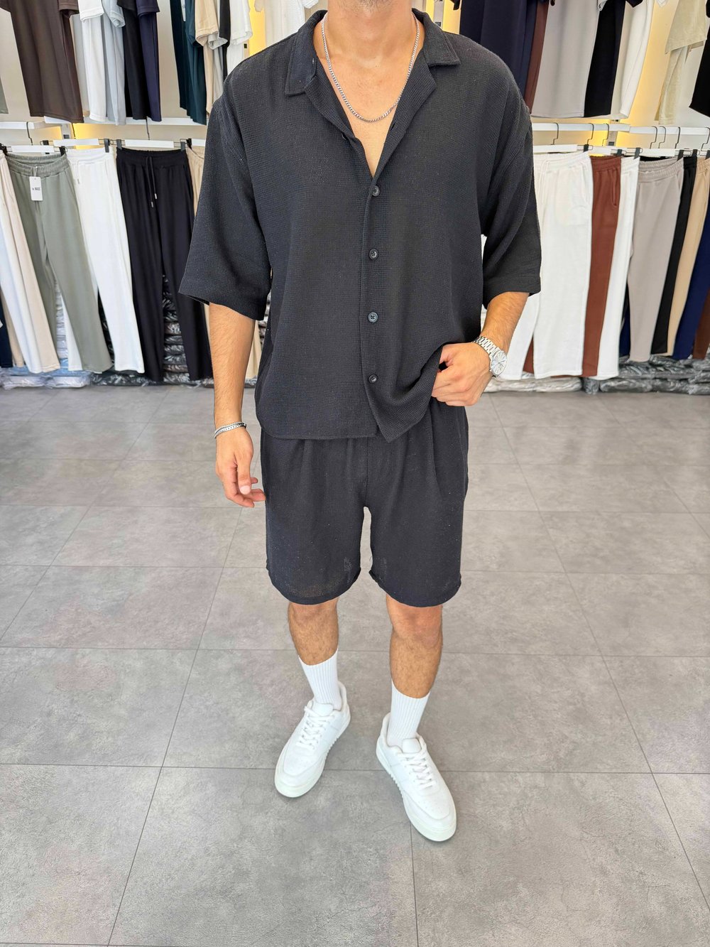 Oversize Şortlu Keten Takım Siyah