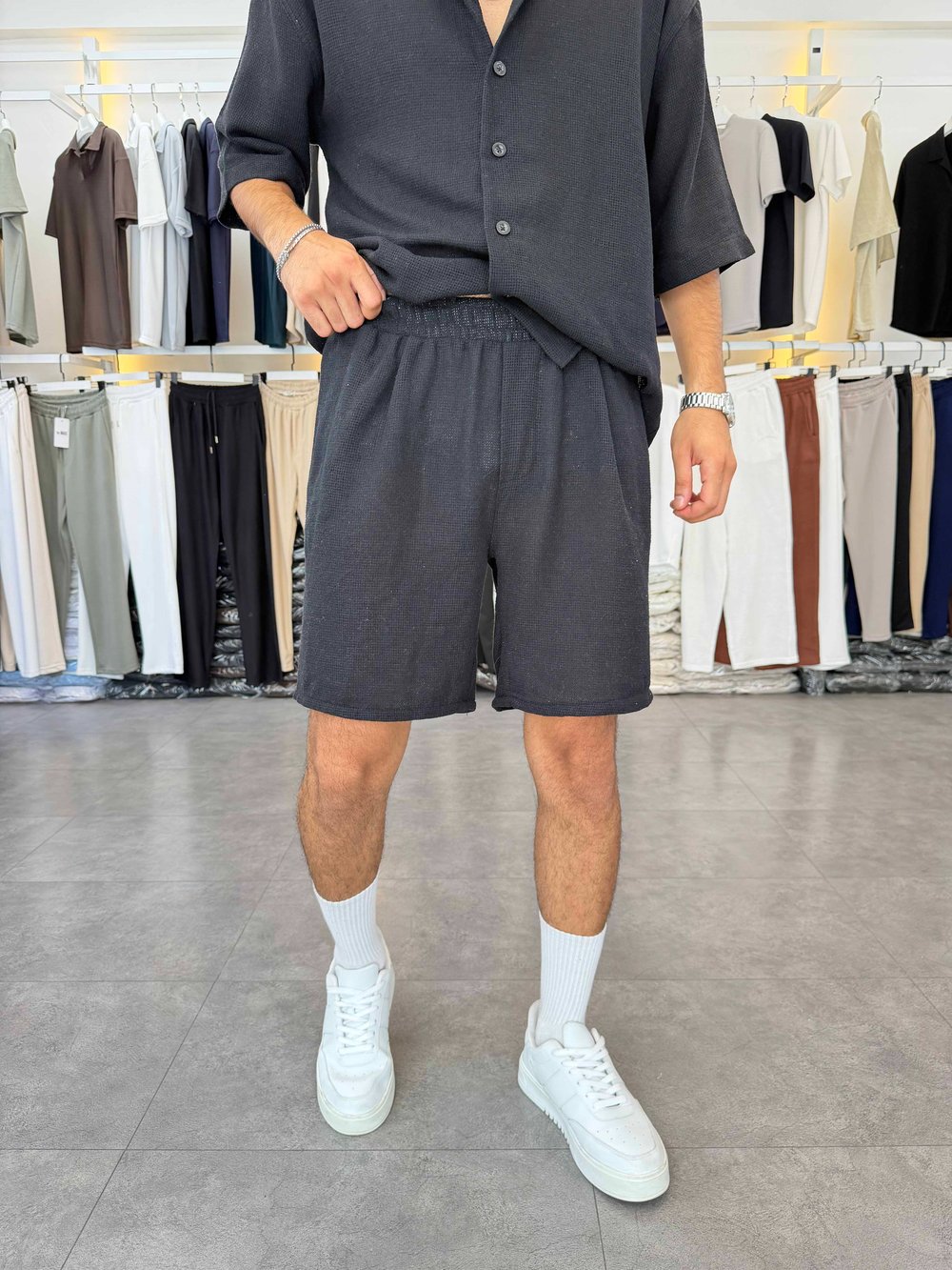 Oversize Şortlu Keten Takım Siyah