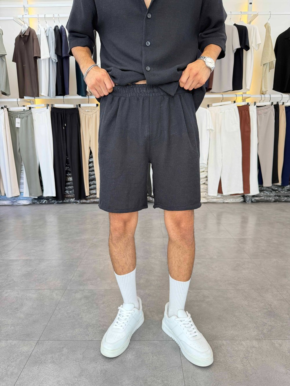 Oversize Şortlu Keten Takım Siyah