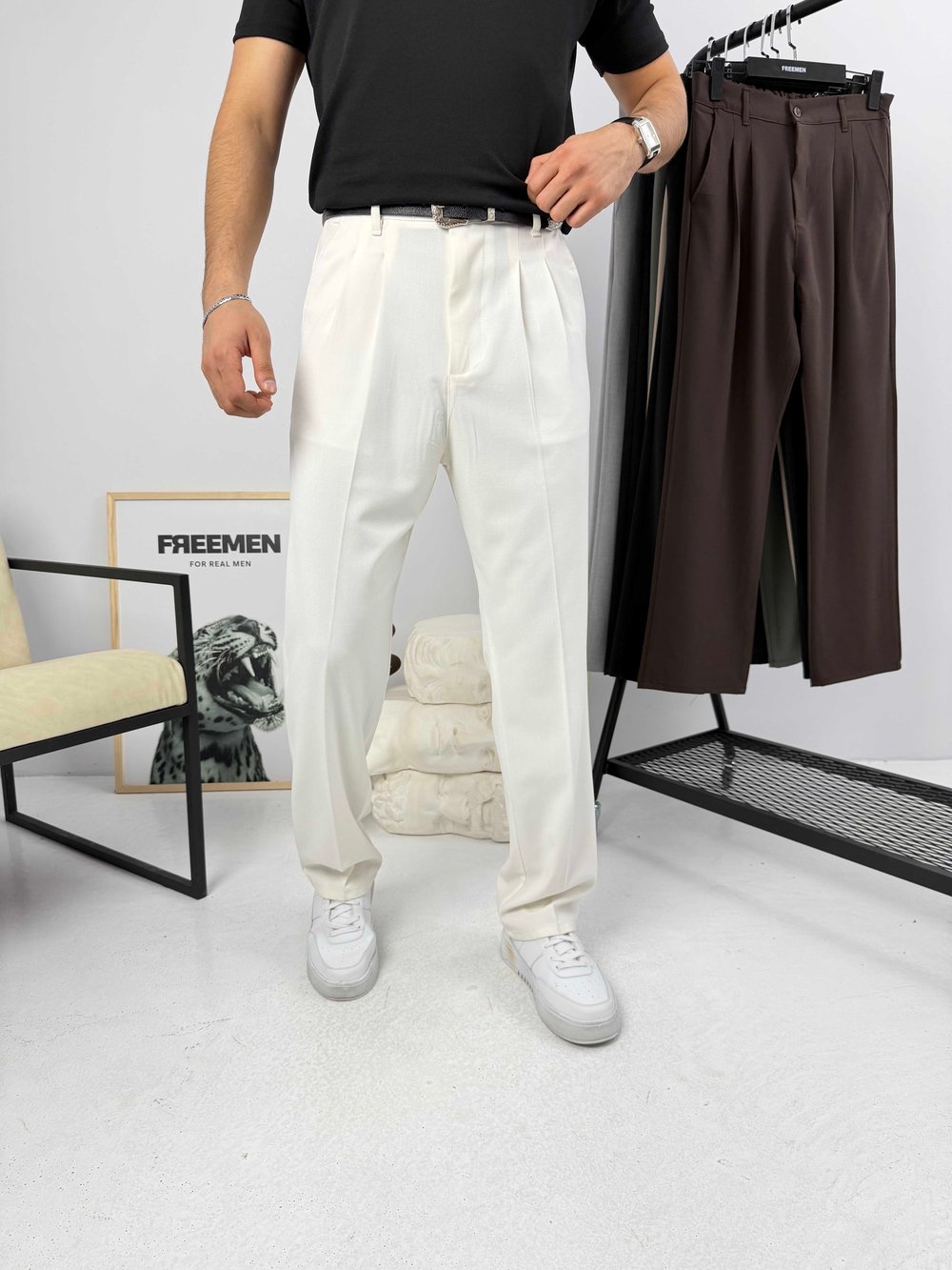 Pileli Premium Baggy Kumaş Pantolon Beyaz