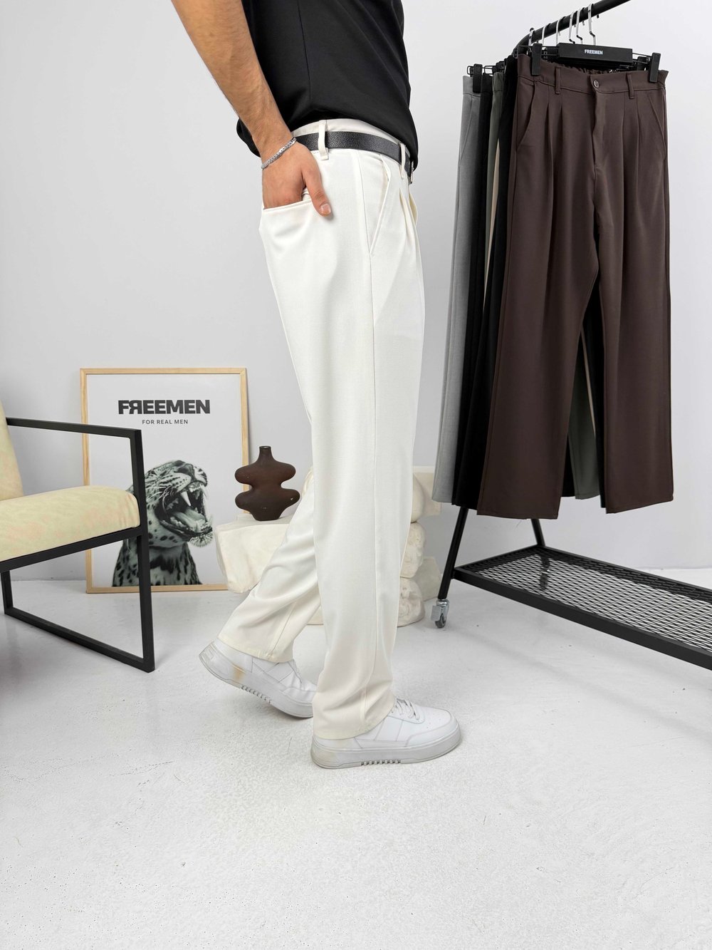 Pileli Premium Baggy Kumaş Pantolon Beyaz