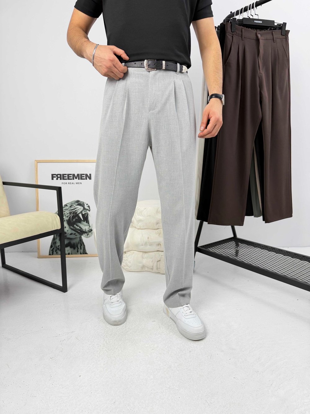 Pileli Premium Baggy Kumaş Pantolon Gri
