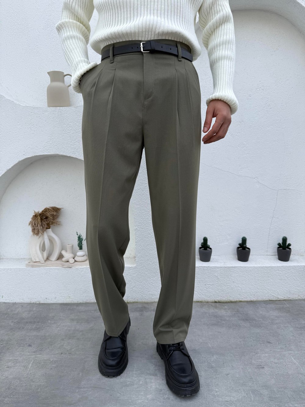 Pileli Baggy Kumaş Pantolon Yeşil