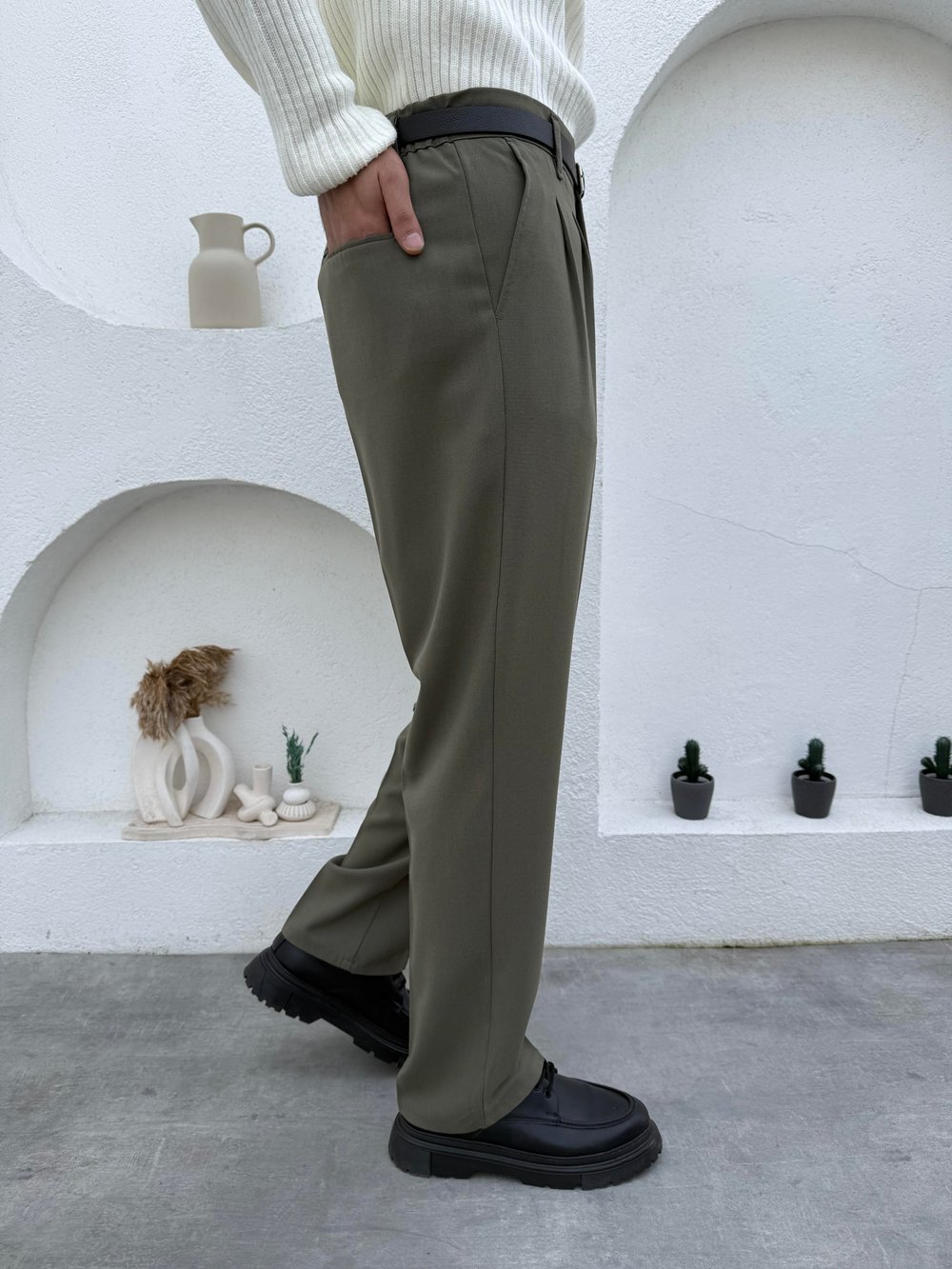 Pileli Baggy Kumaş Pantolon Yeşil
