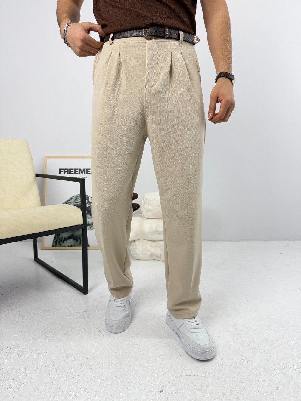 Pileli Krep Baggy Pantolon Bej