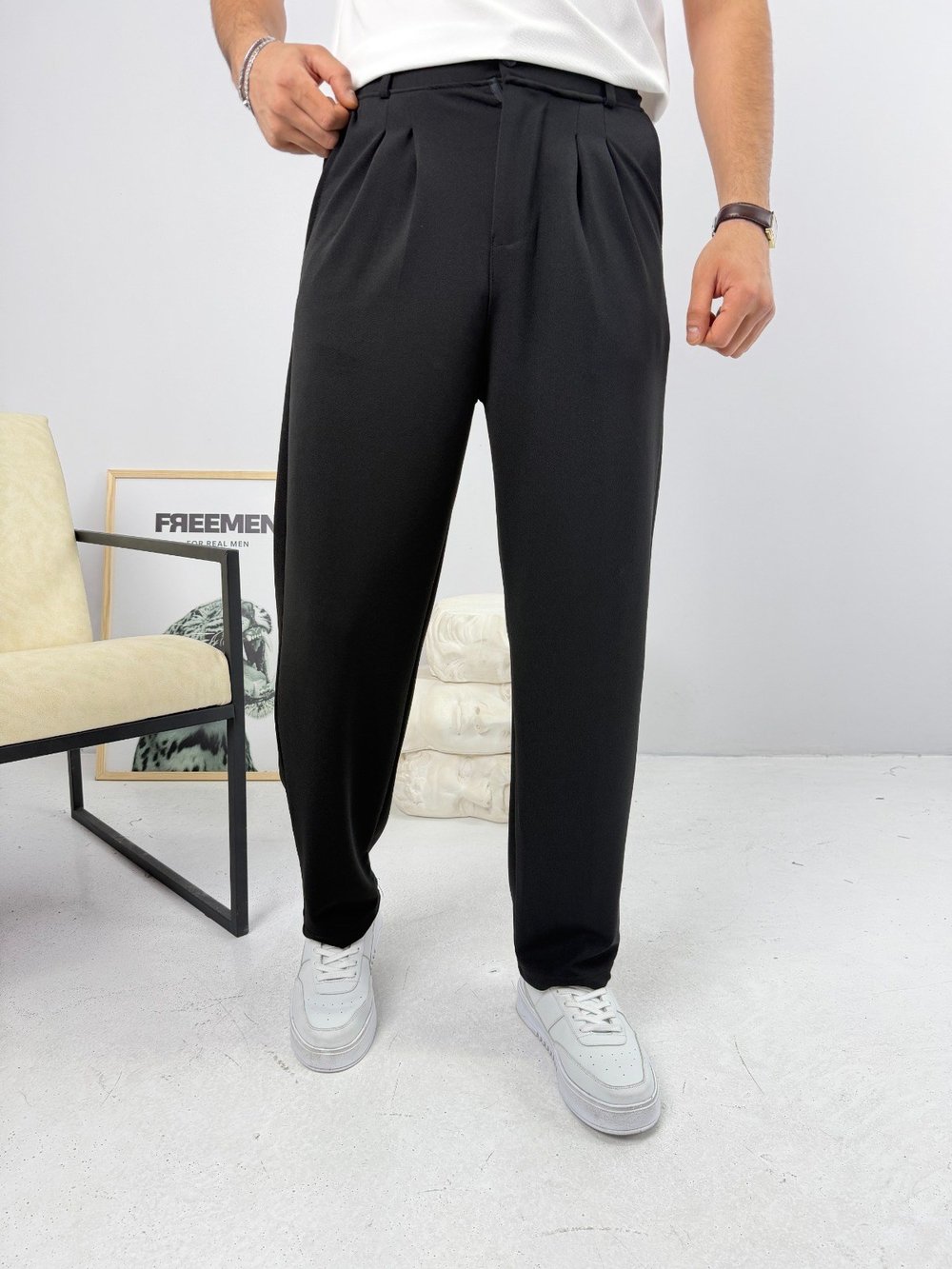 Pileli Krep Baggy Pantolon Siyah