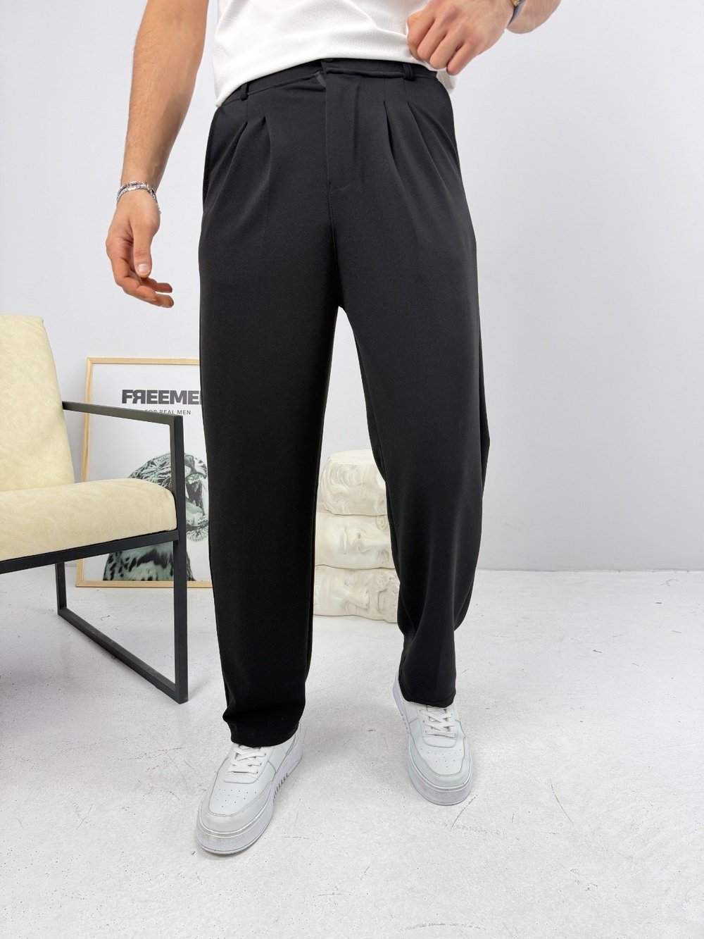 Pileli Krep Baggy Pantolon Siyah