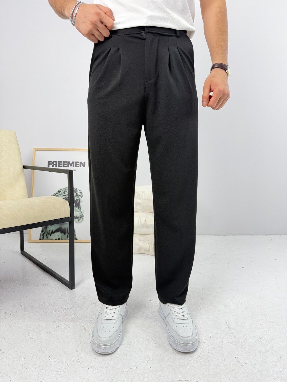 Pileli Krep Baggy Pantolon Siyah