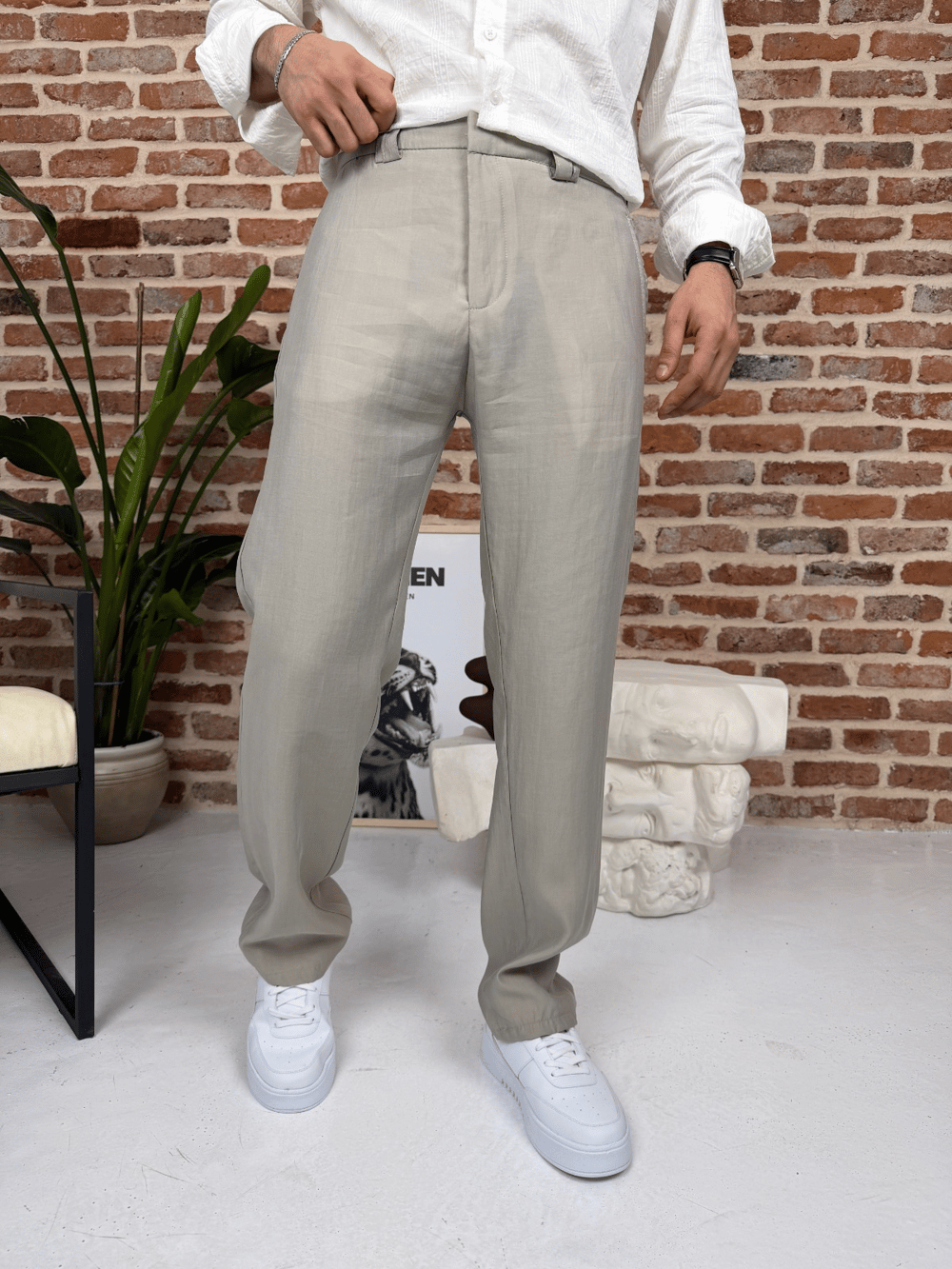 Premium Baggy Kalıp Keten Pantolon Bej