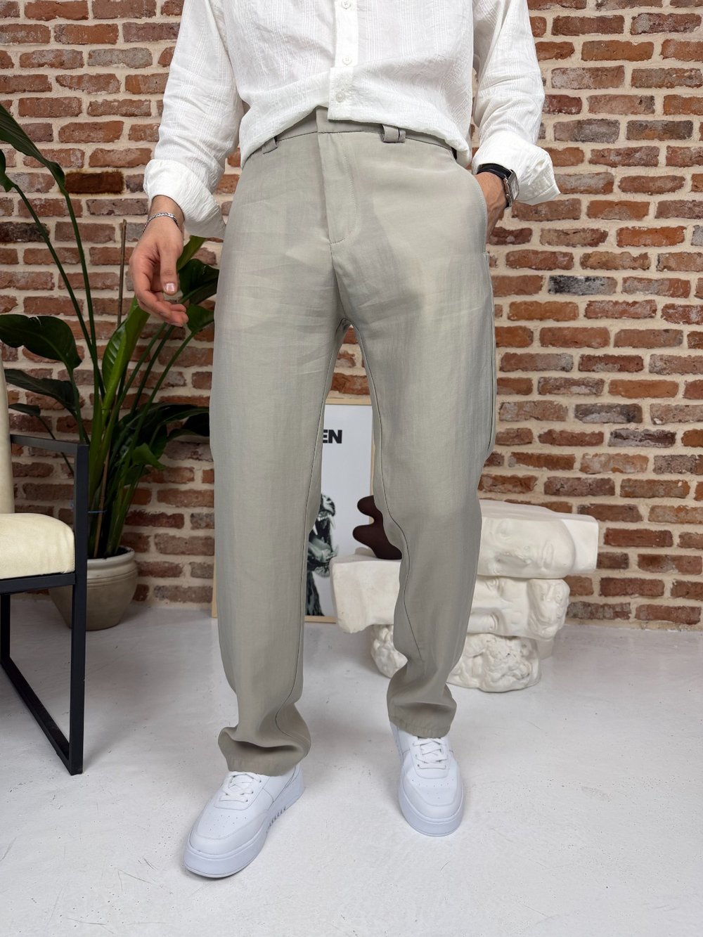 Premium Baggy Kalıp Keten Pantolon Bej