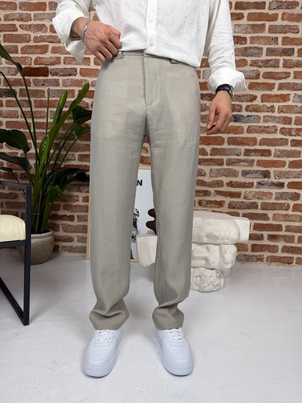 Premium Baggy Kalıp Keten Pantolon Bej