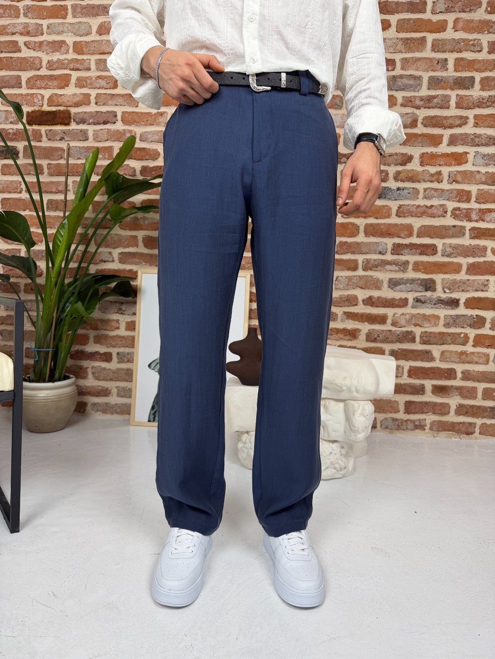 Premium Baggy Kalıp Keten Pantolon Lacivert