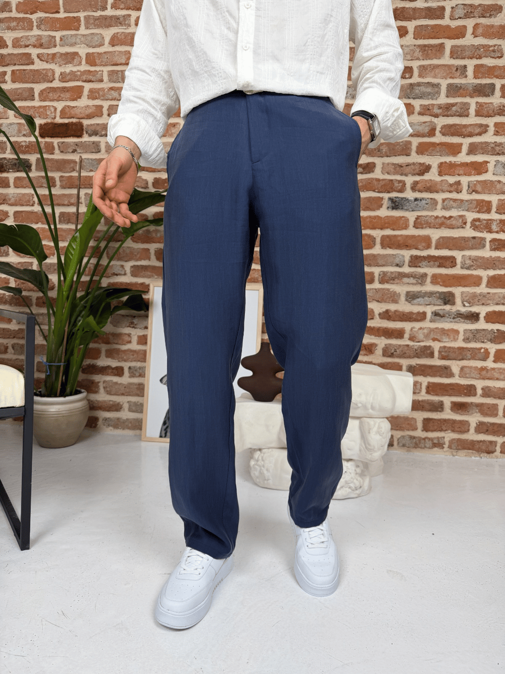 Premium Baggy Kalıp Keten Pantolon Lacivert