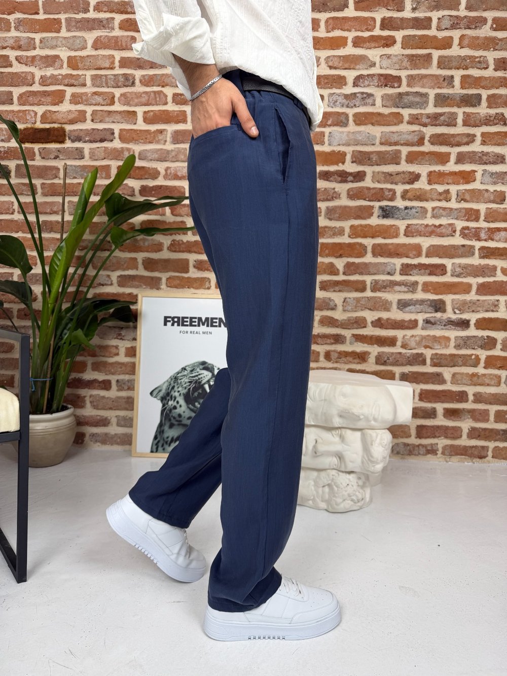 Premium Baggy Kalıp Keten Pantolon Lacivert
