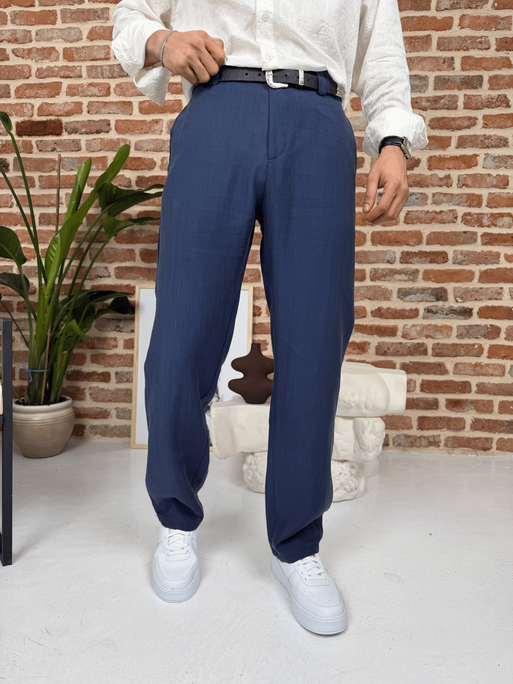 Premium Baggy Kalıp Keten Pantolon Lacivert
