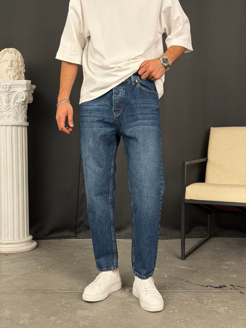 Premium Kalıp Boyfriend Denim Pantolon Koyu Mavi
