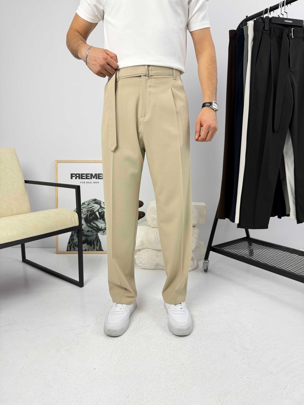 Premium Kemerli Baggy Kumaş Pantolon Bej
