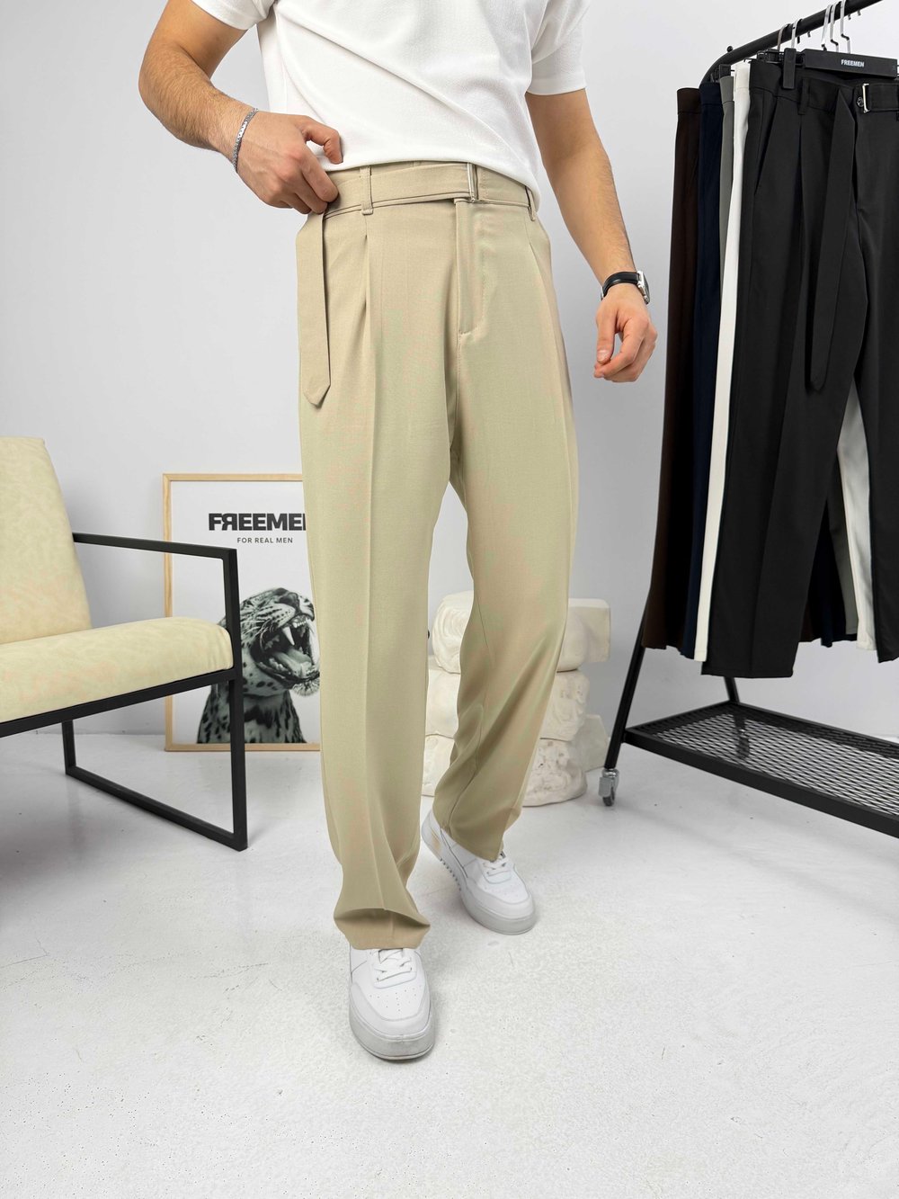 Premium Kemerli Baggy Kumaş Pantolon Bej