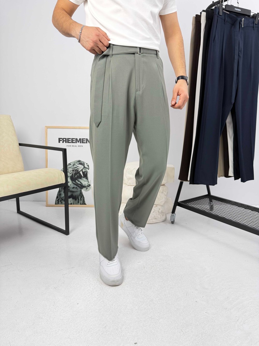 Premium Kemerli Baggy Kumaş Pantolon Çağla Yeşili