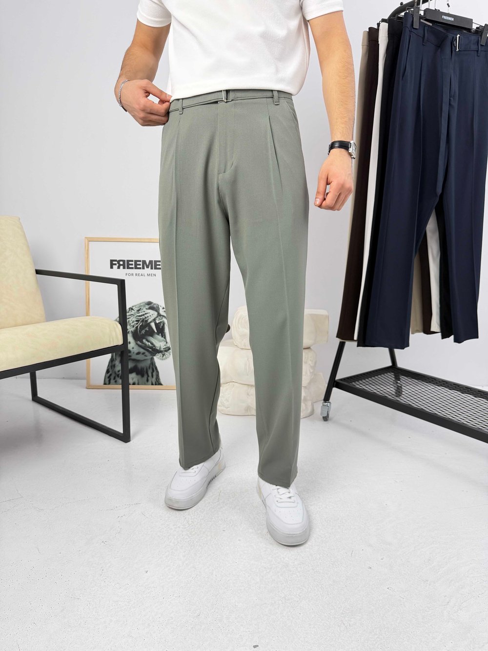 Premium Kemerli Baggy Kumaş Pantolon Çağla Yeşili
