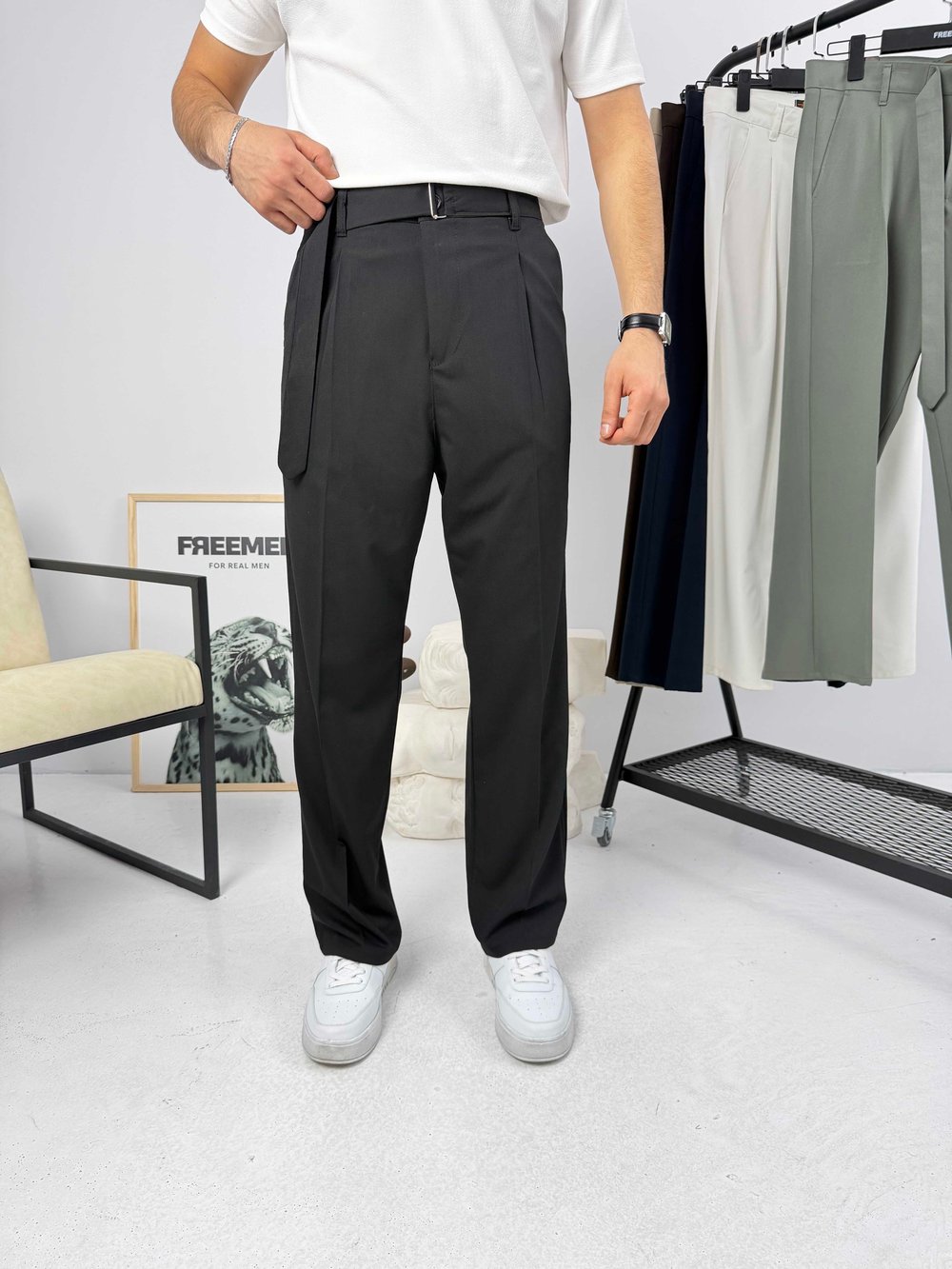 Premium Kemerli Baggy Kumaş Pantolon Siyah