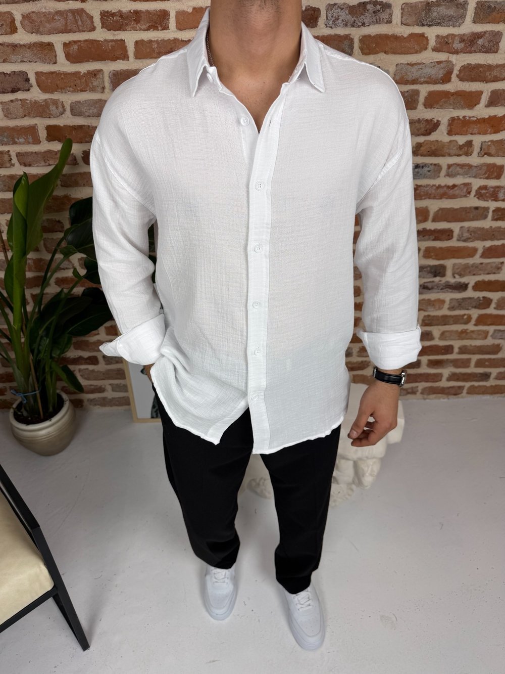 Premium Oversize Müslin Keten Gömlek Beyaz