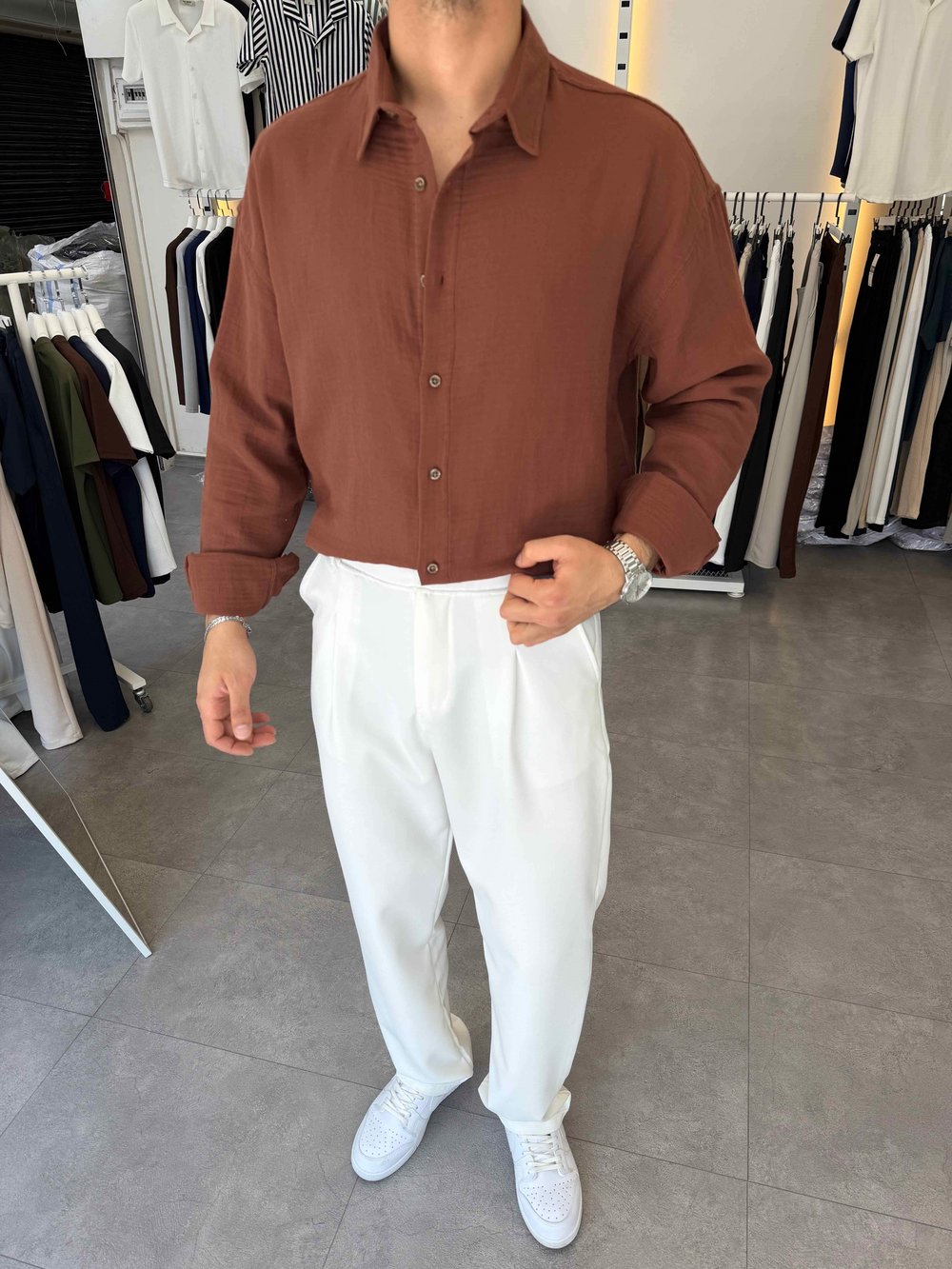 Premium Oversize Müslin Gömlek Kahve