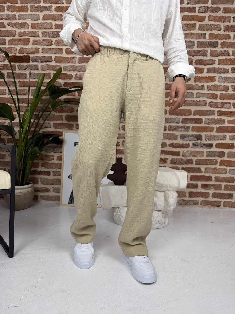 Premium Pamuklu Baggy Kalıp Keten Pantolon Bej