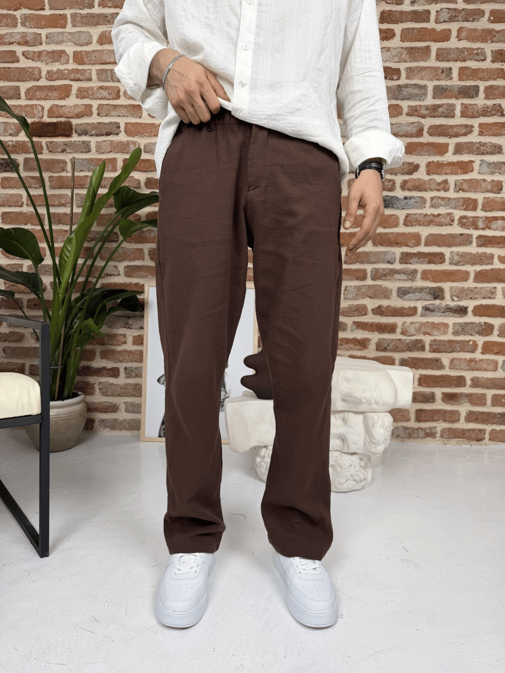 Premium Pamuklu Baggy Kalıp Keten Pantolon Kahve