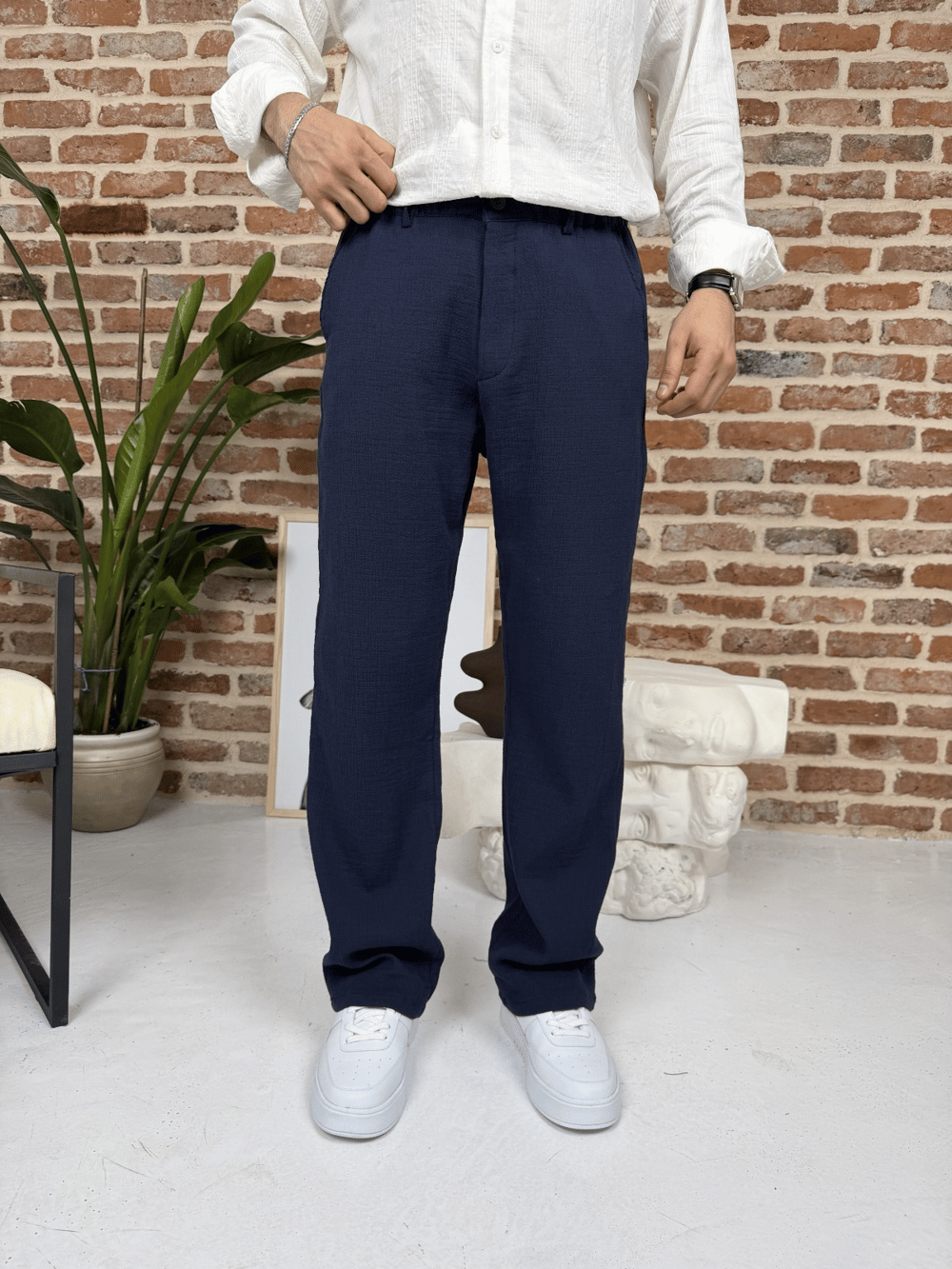 Premium Pamuklu Baggy Kalıp Keten Pantolon Lacivert
