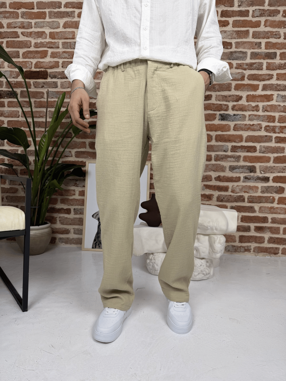 Premium Pamuklu Baggy Kalıp Keten Pantolon Bej