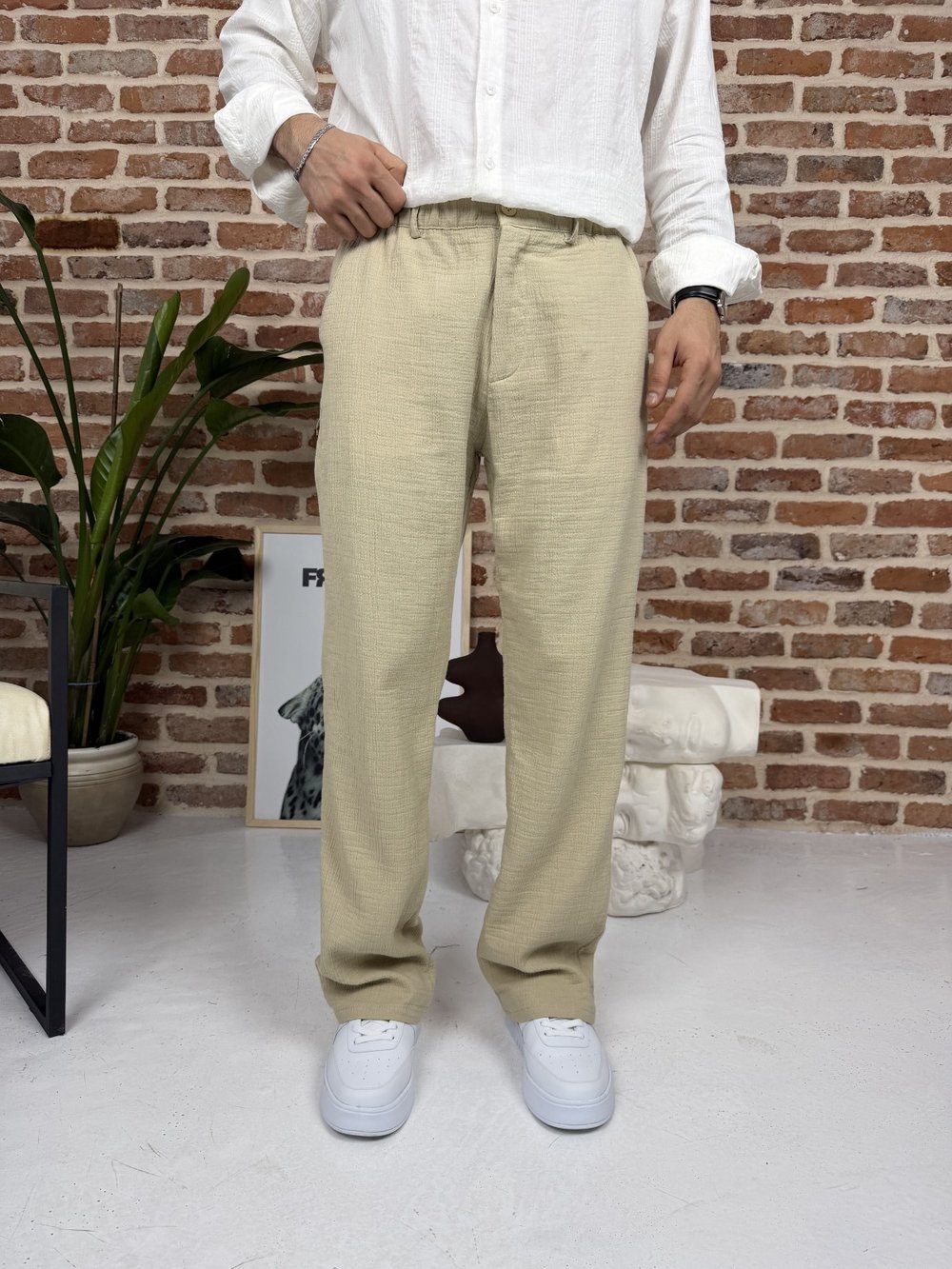 Premium Pamuklu Baggy Kalıp Keten Pantolon Bej