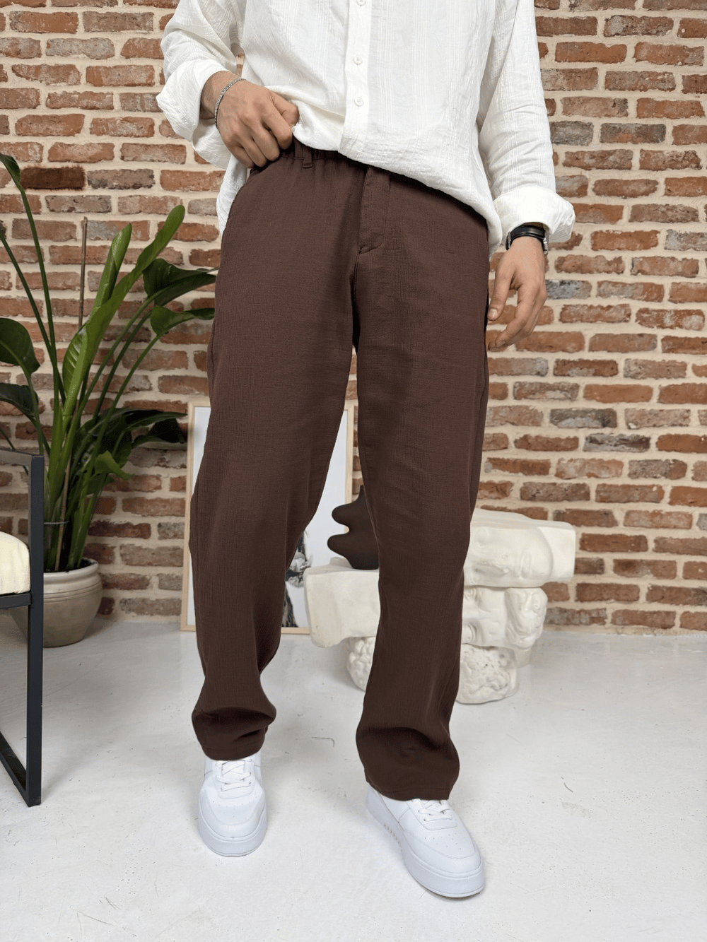 Premium Pamuklu Baggy Kalıp Keten Pantolon Kahve