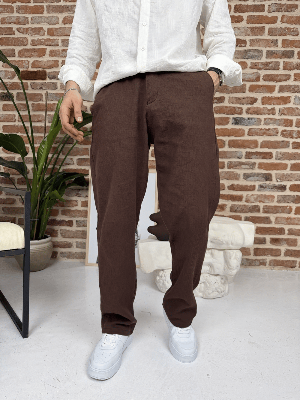 Premium Pamuklu Baggy Kalıp Keten Pantolon Kahve
