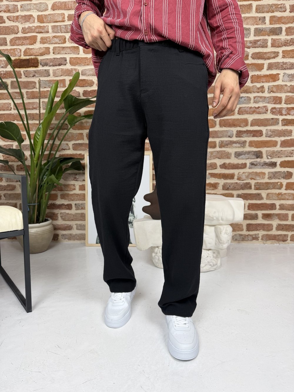 Premium Pamuklu Baggy Kalıp Keten Pantolon Siyah