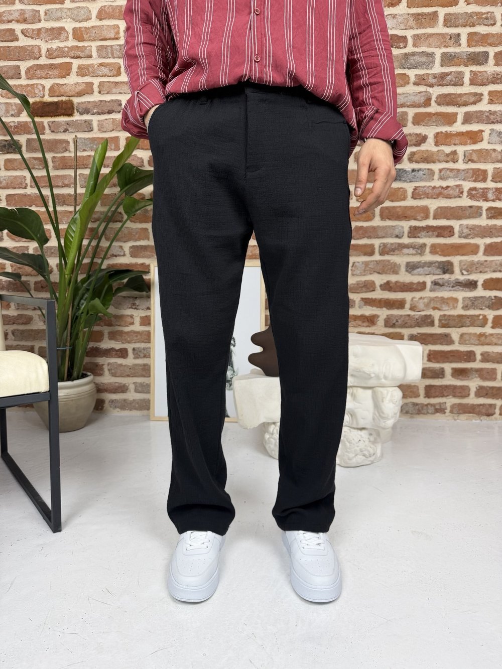 Premium Pamuklu Baggy Kalıp Keten Pantolon Siyah