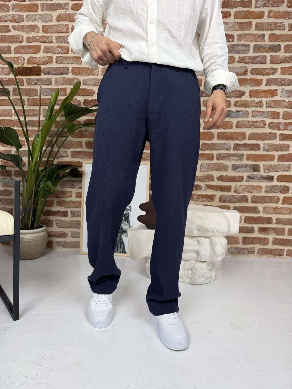 Premium Pamuklu Baggy Kalıp Keten Pantolon Lacivert