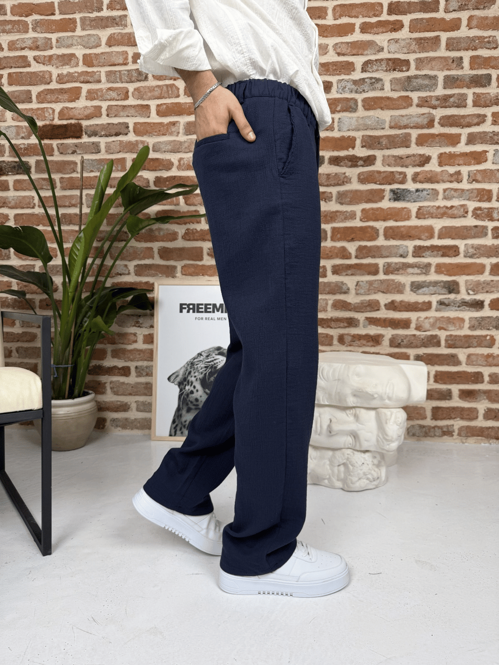Premium Pamuklu Baggy Kalıp Keten Pantolon Lacivert