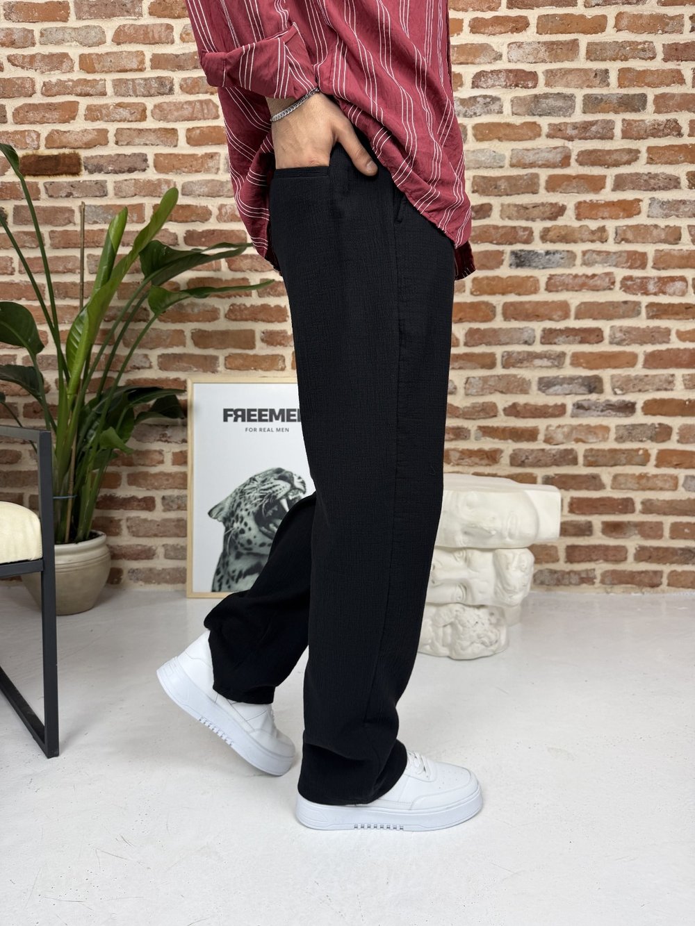 Premium Pamuklu Baggy Kalıp Keten Pantolon Siyah