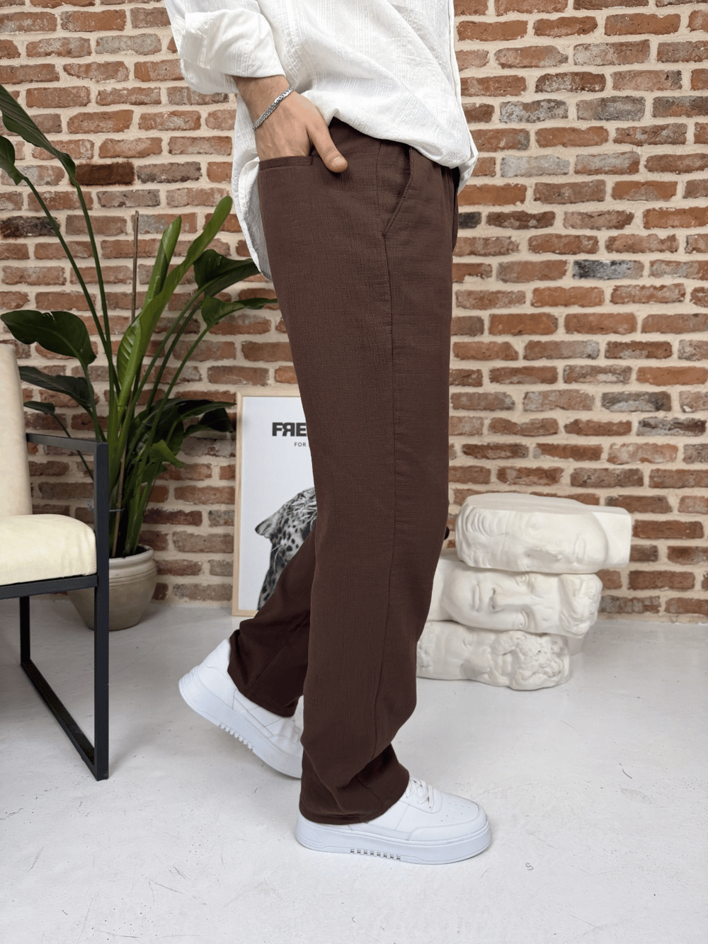 Premium Pamuklu Baggy Kalıp Keten Pantolon Kahve
