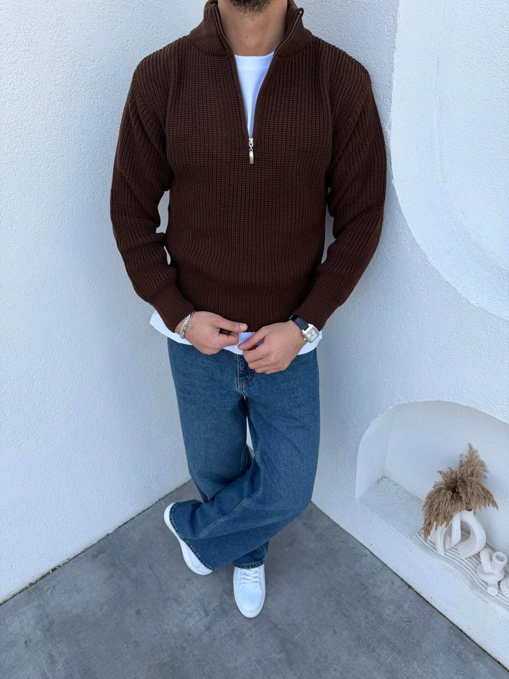 Premium Yarım Fermuar Selanik Örgü Casual Triko Kazak Kahve