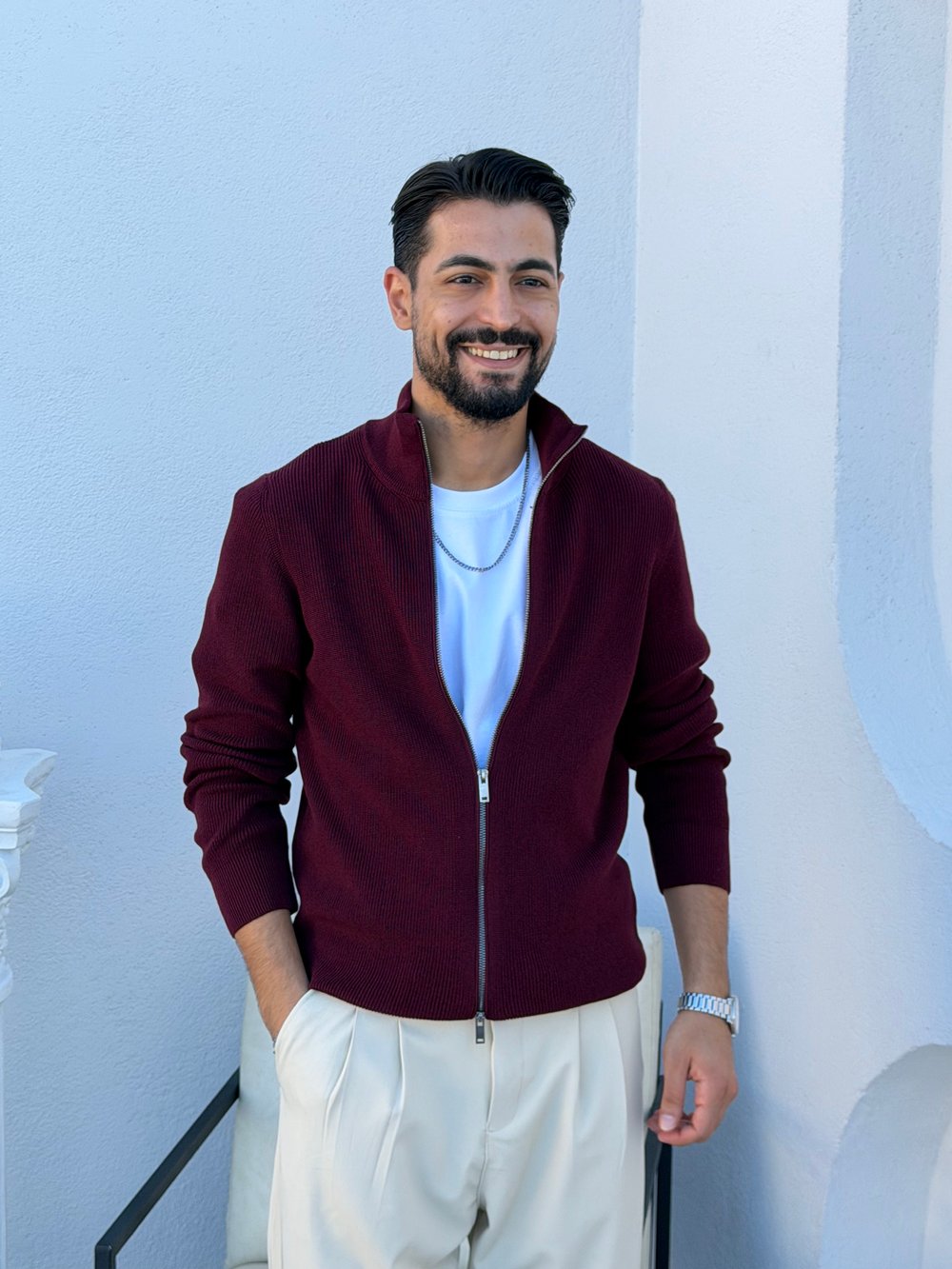 Selanik Çelik Örgü Çift Fermuar Hırka Bordo